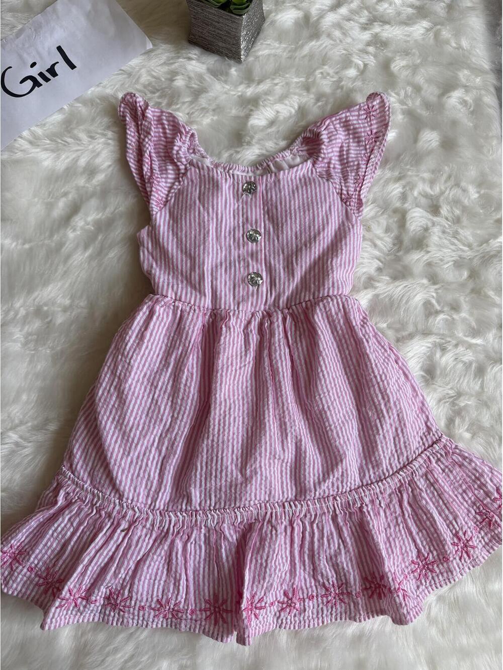 Little Lass Pink and White Striped Girls Dress with Button Detail Size 3T